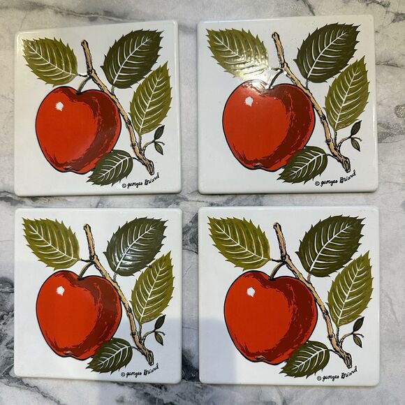MID-CENTURY GEORGES BRIARD APPLE ENAMEL METAL TILE TRIVET / COASTERS - Picture 1 of 6
